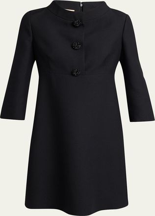 Valentino Garavani Crystal-Button 3/4-Sleeve Crepe Mini Dress