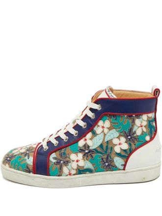 Christian Louboutin flower-patch high-top sneakers - men - Calf Leather/Calf Leather/Rubber - 43 - Blue