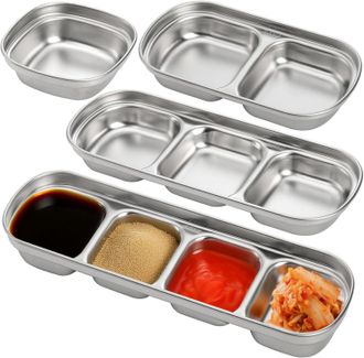 OEM Un Juego De Cuatro Cuencos De Acero Inoxidable Para Salsas, Con Compartimentos Para Salsa De Soja, K&eacute;tchup, Vinagre, Especias Y Condimentos Coreanos