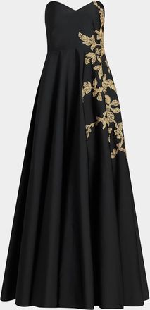 Pamella Roland Raffia Floral-Embroidered Faille Strapless Gown