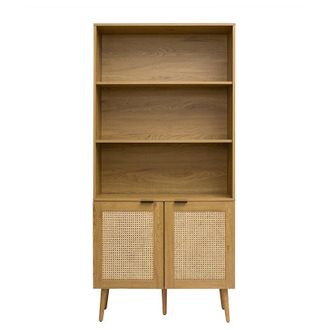 Miliboo Estanter&iacute;a Acabado En Madera Clara, Rejilla De Rat&aacute;n Y Metal Negro L90 Manille