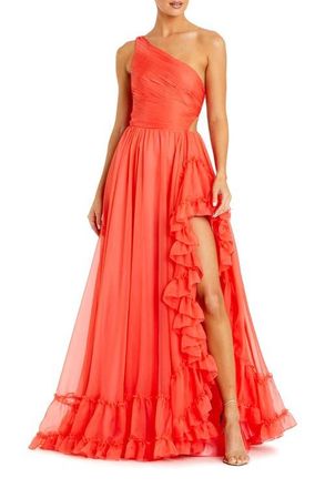 Mac Duggal One Shoulder Asymmetrical Ruffle Chiffon Gown in Tangerine at Nordstrom, Size 12