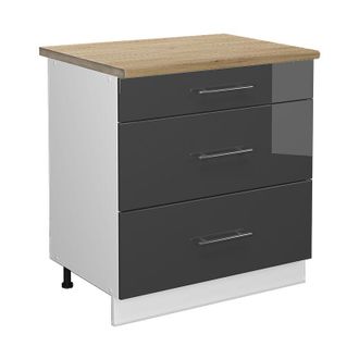 Vicco Mueble Bajo De Cocina Fame-line, Antracita Alto Brillo, 80 Cm Con 3 Cajones, Et Roble