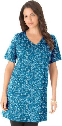 Roaman's Plus Size Ultimate Cotton V-Neck Short Sleeve Tunic in Deep Teal Batik at Nordstrom, Size Medium