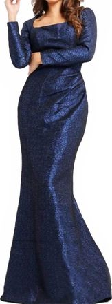 Jovani Metallic Long Sleeve Gown In Cobalt