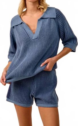 Bibi Two Toned Textured Ribbed Sweater Top And Shorts Set In Blue
