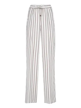 Kiton Beige Wide-Leg Vertical Striped Silk Trousers