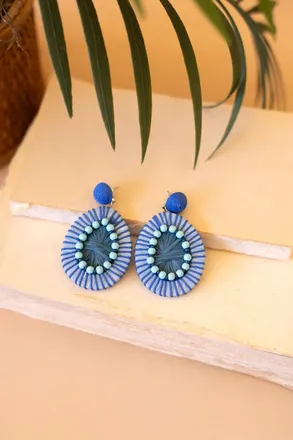 Kalalou Blueberry Rafia And Bead Earrings