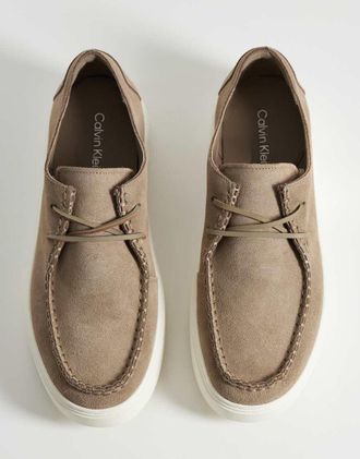 Calvin Klein Jeans - Scarpe stringate ibride in camoscio beige con suola spessa-Verde