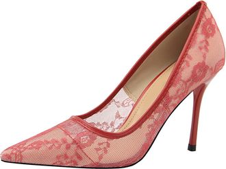 Generic Elegant Lace Hollow Design High Heel Pumps Womens Pointed Toe Shoes for Night Out and Celebrations,Red,6.5 UK