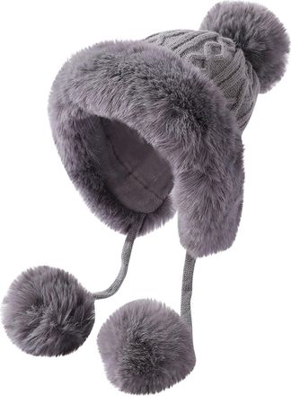 Generic Womens Hats & Caps Ear Protection Women Hat Pom Pom Thermal Beanie Hat Warm Knitted Women Winter Fleece Ladies Bobble Hats UK Gray