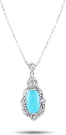 Luxury Bazaar Antique 18K Yellow Gold and Silver 0.10ct Diamond and Turquoise Pendant Necklace MF10-091426
