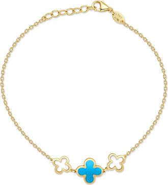Italian Gold, Inc 14K Yellow Gold Alternating Clover & Open Clover Bracelet 3 Stations - Turquoise