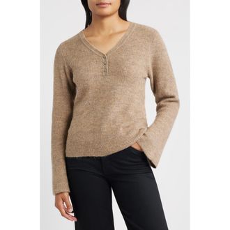 Wit & Wisdom Bell Sleeve Henley Sweater in Heather Brown at Nordstrom Rack, Size Medium