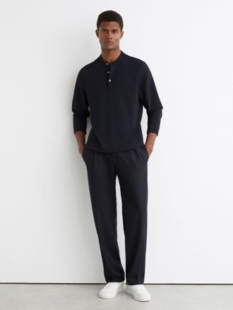 Reiss Navy Textured Long-sleeve Henley Shirt, XS