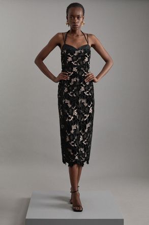Karen Millen Velvet Cutwork Lace Detail Strappy Midi Dress