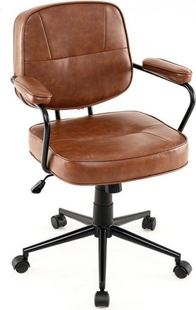 Costway Faux Leather Office Chair Mid Century Modern Upholstered Chair-Brown