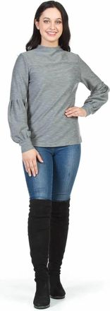 Papillon Ribbed High Neck Puff Sleeve Sweater In Grey