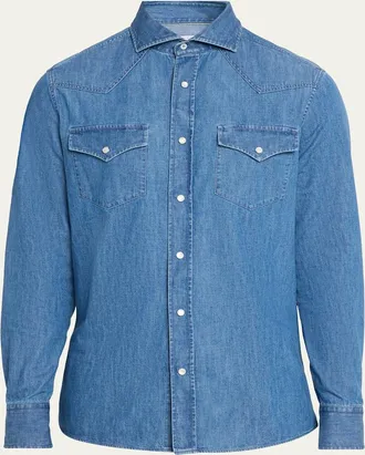 Brunello Cucinelli Mens Denim Flap-Pocket Western Sport Shirt