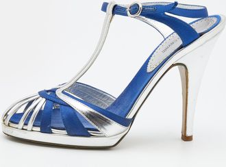 Roberto Cavalli Silver/blue Leather And Satin T-Strap Sandals