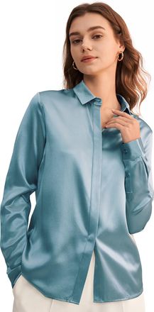 LilySilk Silk Blouse for Women Button Down Shirt Tops Point Collar Long Sleeve 100% Silk (XS/8, Blue-Haze)