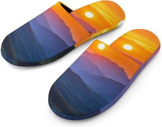 Generic Sunrise Mountains National Park Smoky Flannel Mens Slip-on Slippers Winter Warm House Shoes with Rubber Sole for Home Hotel