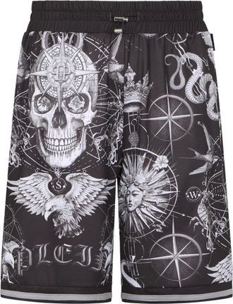 Philipp Plein Korte Broeken, Heren, Zwart, XL, Polyester, Mesh Basketball Shorts Tattoo