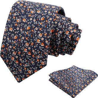 Alizeal Mens Small Floral Necktie Elegant Classic for Weddings Groom Party Novelty Flower Tie and Hanky Set, Navy+Orange+White