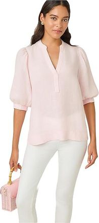 Lilly Pulitzer Mialeigh Elbow Sleeve Linen Top Womens Clothing Pink Muse X Resort White : 16