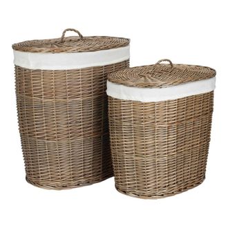 Red Hamper Set of 2 Antique Wash White Cotton Lined Oval Willow Laundry Basket in Brown