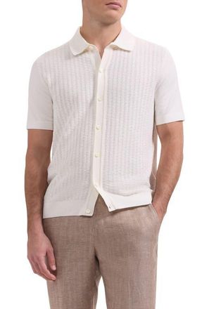 Bugatchi Basket Weave Knit Short Sleeve Cotton Full Button Cardigan in Chalk at Nordstrom, Size X-Large