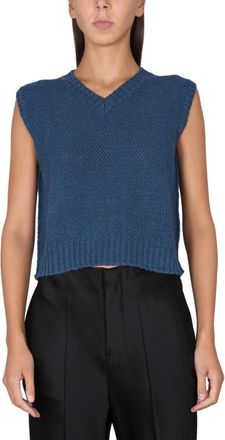 Maison Margiela Blue Textured V Neck Top
