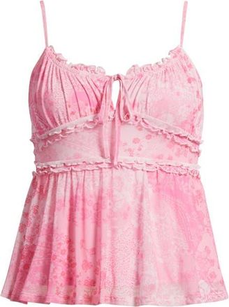 BP. Floral Mesh Ruffle Trim Camisole in Pink Flora Paisley at Nordstrom, Size Xx-Large