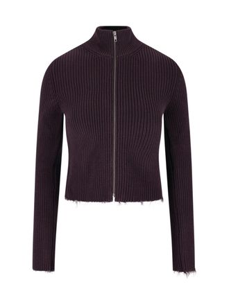 Maison Margiela Ribbed Zip-Up Cardigan With High Collar And Distressed Edges