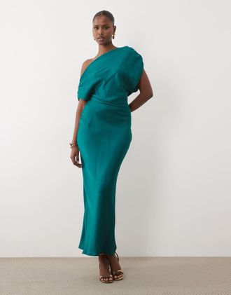 Asos Vestito lungo asimmetrico monospalla in raso verde-azzurro