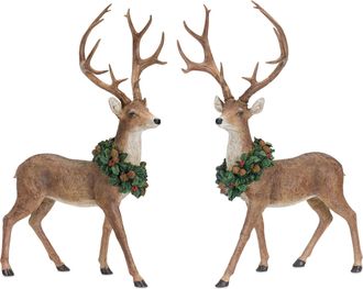 Melrose International Holiday Standing Deer Figurine with Wreath Accent (Set of 2) - Green, Brown