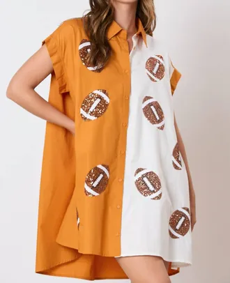 Peach Love California Morgan Sequin Football Gameday Dress In Orange/white