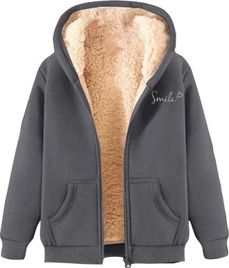 Generic Hoodie For Women Uk Fleece Thickened Hooded Jackets Autumn Winter Zip Up Hoody Sweatshirts Padded Long Sleeve Warmth Womens Hoodies Classic-fit Casual