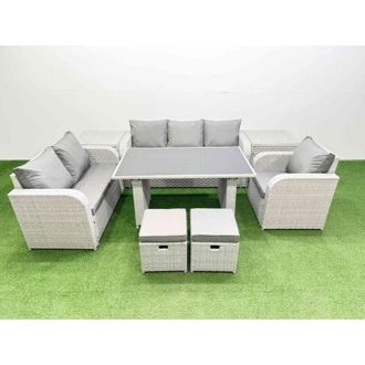 Fimous Rattan Outdoor Table Reclining Chair Sofa Set with 2 Side Tables 2 Small Stools Light Grey 8 Seater - Fimous
