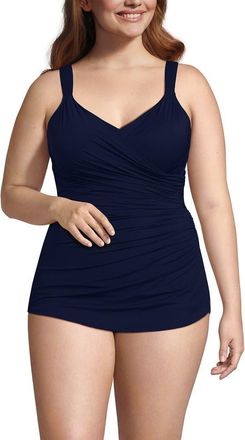 Lands End SlenderSuit V-Neck Skirted Low Leg One Piece in Deep Sea Navy at Nordstrom, Size 24W