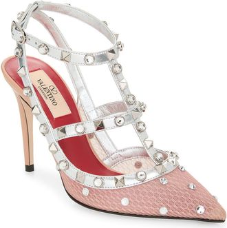 Valentino Garavani Rockstud Ankle Strap Pointed Toe Pump in Pink at Nordstrom, Size 10.5Us