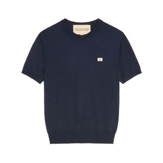 Valentino Wool T-shirt with VLogo patch - male - Valentino - T-Shirts - Blue - 2XL - Tops