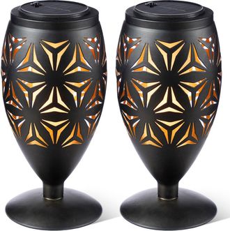 Glitzhome Set of 2 Metal Cutout Geometric Pattern Solar Powered Outdoor Lantern with LED Light in Black at Nordstrom, Size Medium