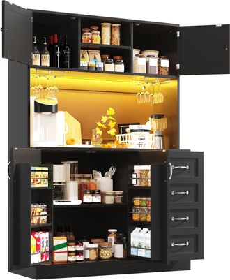 STILVORA Aparador De Cocina Con 4 Puertas, Led Y Soporte Para Bebidas, En Mdf, Para Cocina O Comedor, 120x40x188 Cm, Negro
