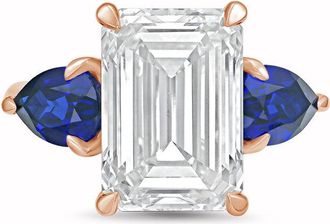 Diana M. Jewels 18kt rose gold lab grown 5ct emerald diamond ring with sapphire pears on the sides