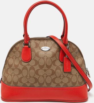 Coach Brown/orange Signature Coated Canvas And Leather Cora Dome Satchel