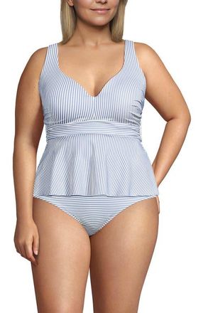 Lands End Sweetheart Belted Flutter Tankini in Soft Cloud Blue Mini Stripe at Nordstrom, Size 16W