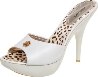 Roberto Cavalli White Leather Logo Buckle Platform Sandals
