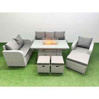 Fimous Patio pe Wicker 9 Seater Outdoor Rattan Furniture Sofa Sets with Firepit Dining Table Reclining Chair Loveseat Sofa 3 Seater Sofa Stool 2 Side Table