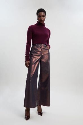 Karen Millen Womens Metallic Coated Denim Wide Leg Jean - Bronze Cotton - Size 12 UK